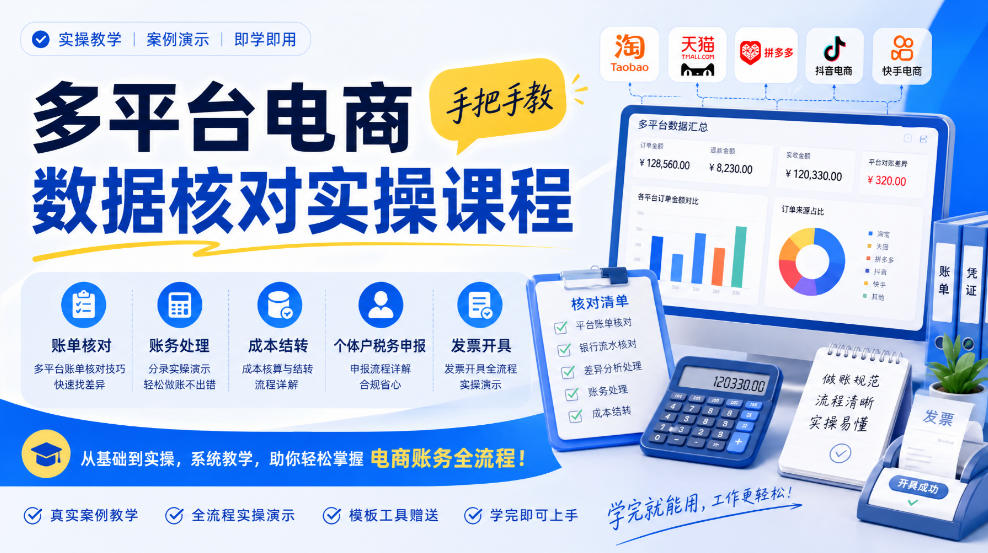 多平台电商数据核对实操课程，手把手教账单核对、账务处理、成本结转、个体户税务申报与发票开具-我爱项目网