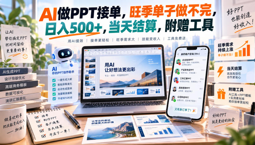 AI做PPT接单,旺季单子做不完,日入500+,当天结算,附赠工具【揭秘】-我爱项目网