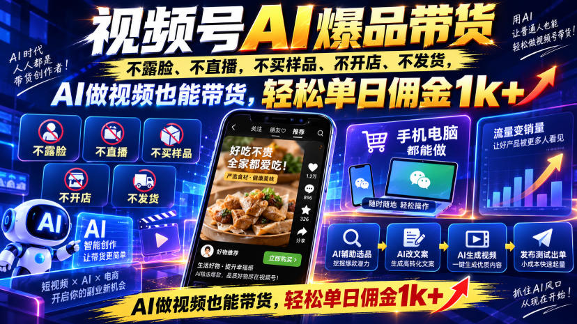 视频号Ai爆品带货，不露脸、不直播、不买样品、不开店、不发货，AI做视频也能带货，轻松单日佣金1k+-我爱项目网