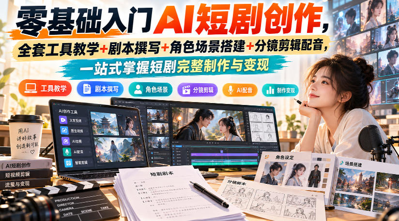 零基础入门AI短剧创作，全套工具教学+剧本撰写+角色场景搭建+分镜剪辑配音，一站式掌握短剧完整制作与变现-我爱项目网