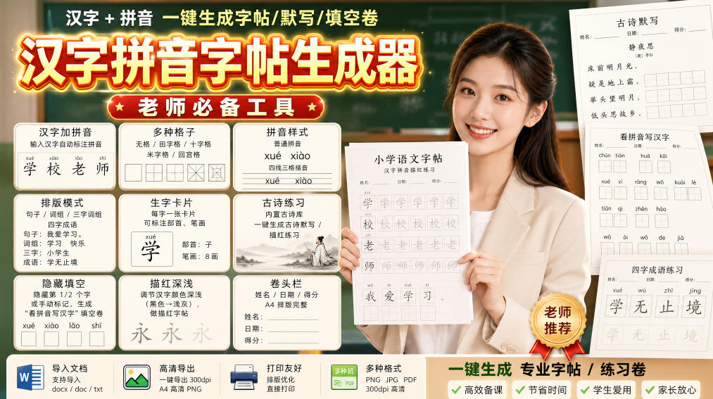 学习神器，汉字拼音字帖生成器，汉字+拼音 一键生成字帖/默写/填空卷，支持词组、成语，老师、家长必备-我爱项目网