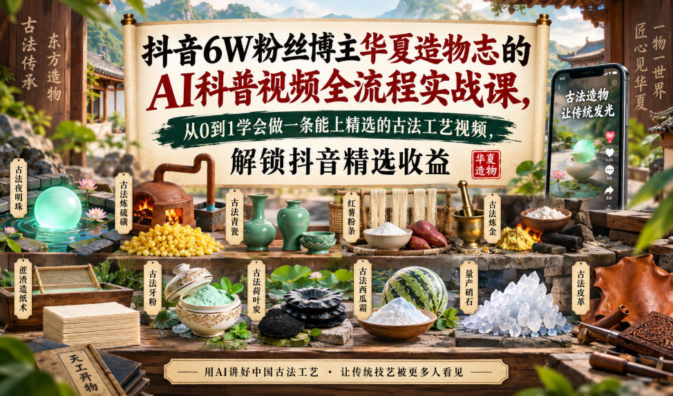 抖音6W粉丝博主华夏造物志的AI科普视频全流程实战课，从0到1学会做一条能上精选的古法工艺视频，解锁抖音精选收益-我爱项目网