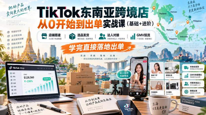 TikTok东南亚跨境店从0开始到出单实战课（基础+进阶），店铺搭建、选品发货、达人对接、GMV投流，学完直接落地出单-我爱项目网