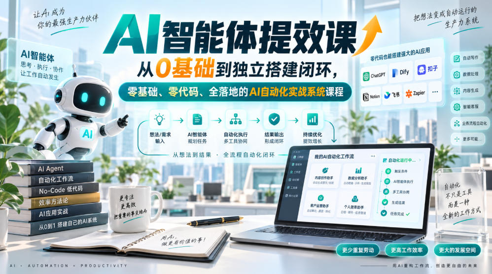 AI智能体提效课，从0基础到独立搭建闭环，零基础、零代码、全落地的AI自动化实战系统课程-我爱项目网