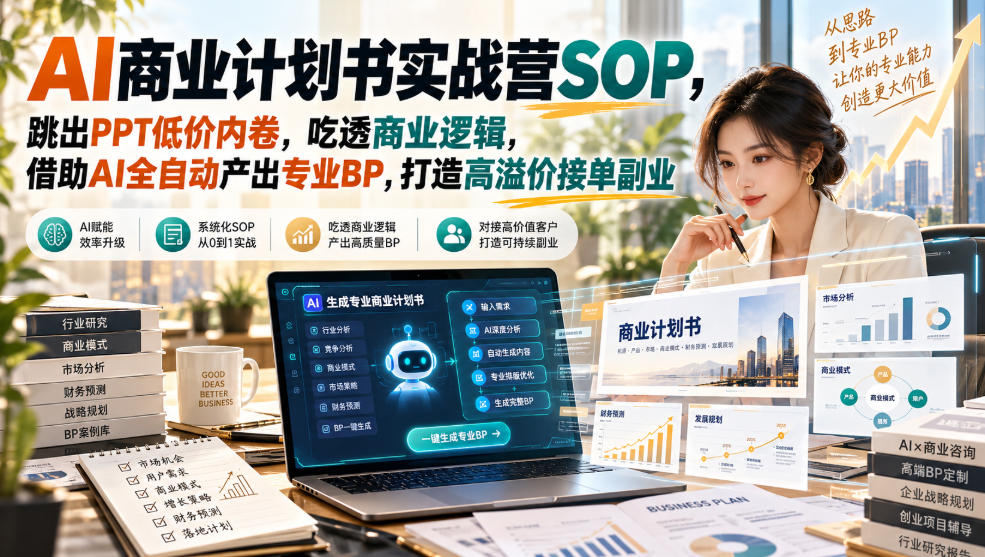 【无水印】AI商业计划书实战营SOP，跳出PPT低价内卷，吃透商业逻辑，借助AI全自动产出专业BP，打造高溢价接单副业-我爱项目网