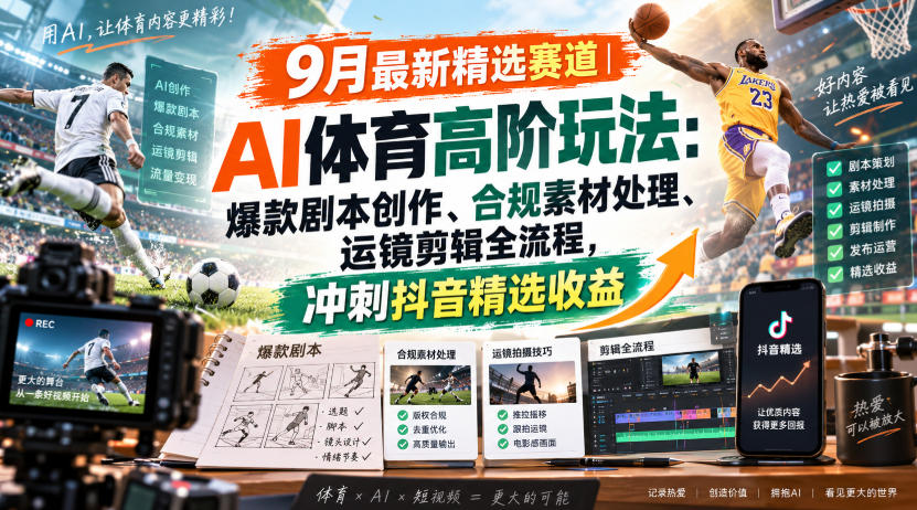 某大佬的9月最新精选赛道之AI体育顶级玩法，爆款剧本创作、版权规避、运镜剪辑全流程，稳拿抖音精选收益-我爱项目网