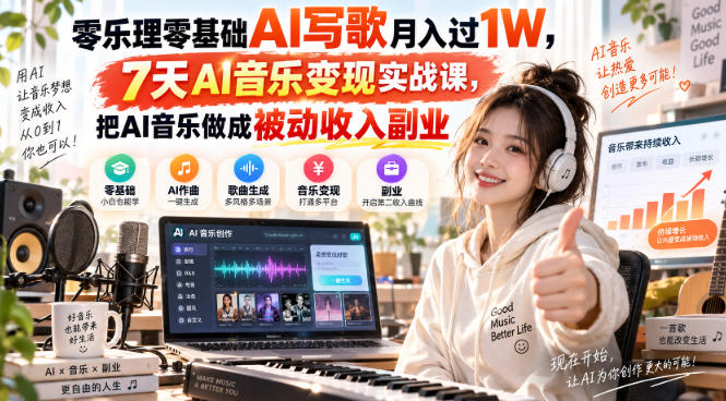 零乐理零基础AI写歌月入过1W，7天AI音乐变现实战课，把AI音乐做成被动收入副业-我爱项目网
