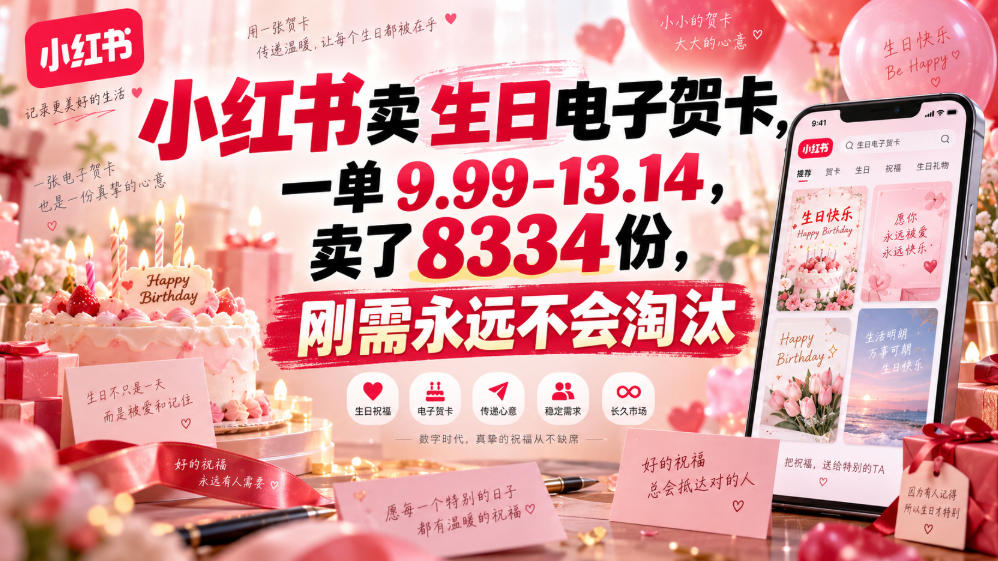 小红书卖生日电子贺卡，一单9.99-13.14，卖了8334份，刚需永远不会淘汰-我爱项目网