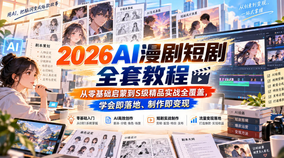 【无水印】2026AI漫剧短剧全套教程，从零基础启蒙到S级精品实战全覆盖，学会即落地、制作即变现-我爱项目网