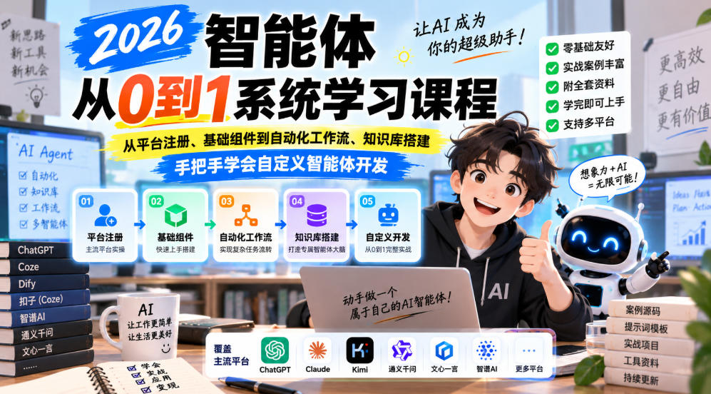 2026智能体从0到1系统学习课程,从平台注册、基础组件到自动化工作流、知识库搭建,手把手学会自定义智能体开发-我爱项目网