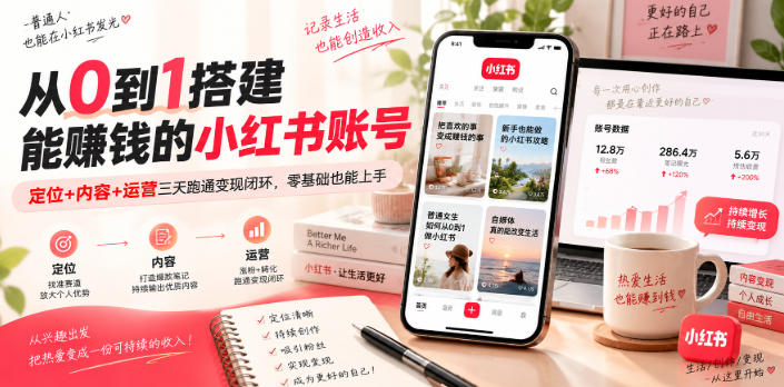 从0到1搭建能賺钱的小红书账号，定位+内容+运营三天跑通变现闭环-我爱项目网