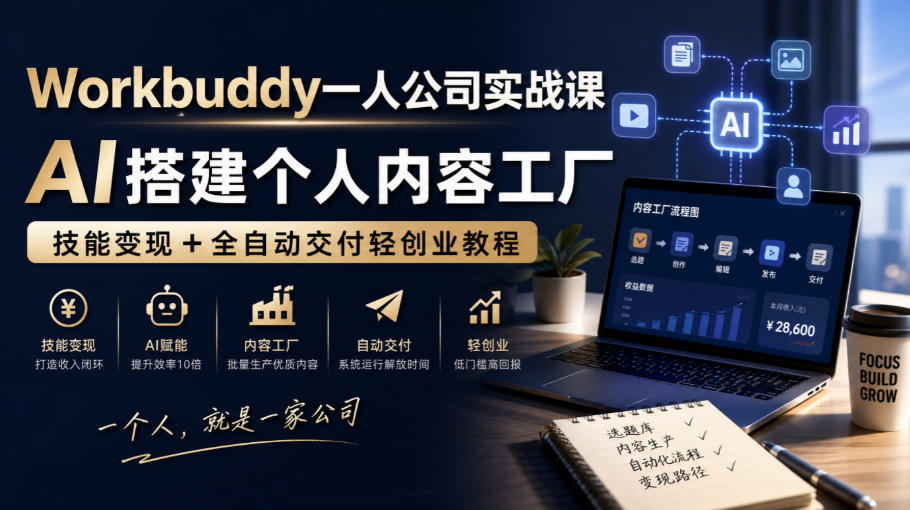 Workbuddy一人公司实战课，AI搭建个人内容工厂，技能变现+全自动交付轻创业教程​-我爱项目网