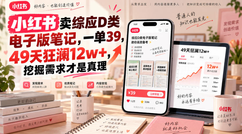 小红书卖综应D类电子版笔记，一单39，49天狂澜12w+，挖掘需求才是真理-我爱项目网