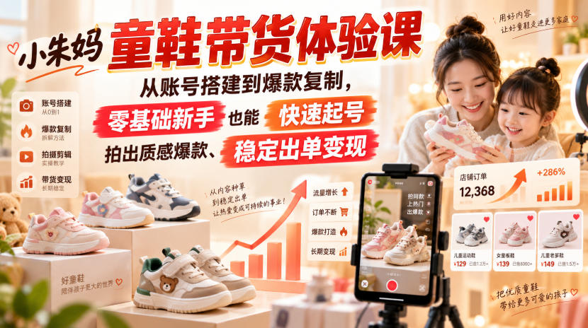 小朱妈童鞋带货体验课，从账号搭建到爆款复制，零基础新手也能快速起号、拍出质感爆款、稳定出单变现-我爱项目网