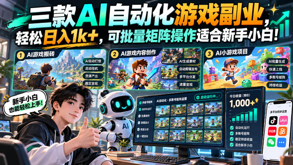 三款AI自动化游戏副业，轻松日入1k+，可批量矩阵操作适合新手小白！【揭秘】-我爱项目网