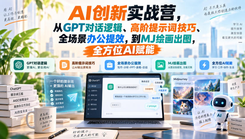 AI创新实战营，从GPT对话逻辑、高阶提示词技巧、全场景办公提效，到MJ绘画出图，全方位AI赋能-我爱项目网