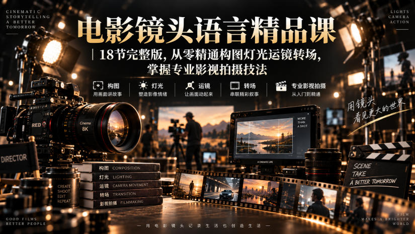电影镜头语言精品课｜18节完整版，从零精通构图灯光运镜转场，掌握专业影视拍摄技法-我爱项目网