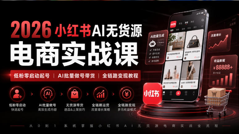 2026小红书AI无货源电商实战课｜低粉零启动起号｜AI批量做号带货全链路变现教程-我爱项目网