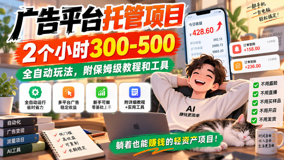 广告平台托管项目，2个小时300-500，全自动玩法，附保姆级教程和工具，小白照着就能做【揭秘】-我爱项目网