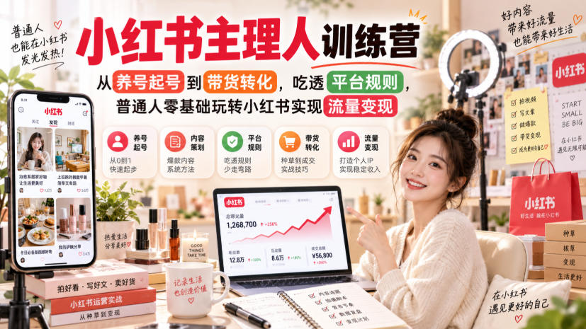 小红书主理人训练营，从养号起号到带货转化，吃透平台规则，普通人零基础玩转小红书实现流量变现-我爱项目网