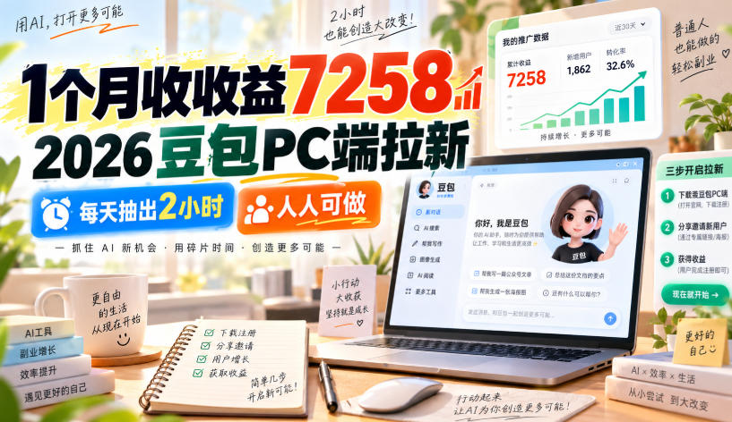 1个月收收益7258,2026豆包PC端拉新,每天抽出2小时,人人可做-我爱项目网