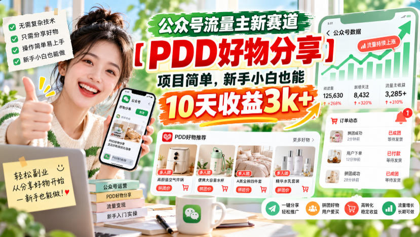 公众号流量主新赛道【PDD好物分享】,项目简单,新手小白也能10天收益3k+-我爱项目网