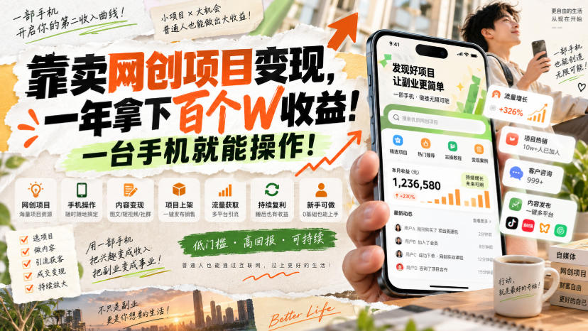 靠卖网创项目变现，一年拿下百个W收益！一台手机就能操作！【揭秘】-我爱项目网
