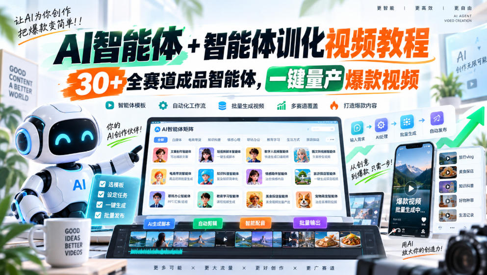 AI智能体+智能体训化视频教程,30+全赛道成品智能体,一键量产爆款视频-我爱项目网