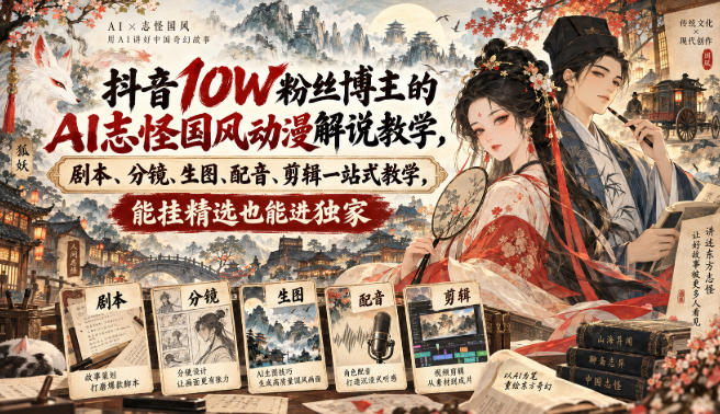 抖音10W粉丝博主的AI志怪国风动漫解说教学，剧本、分镜、生图、配音、剪辑一站式教学，能挂精选也能进独家​-我爱项目网