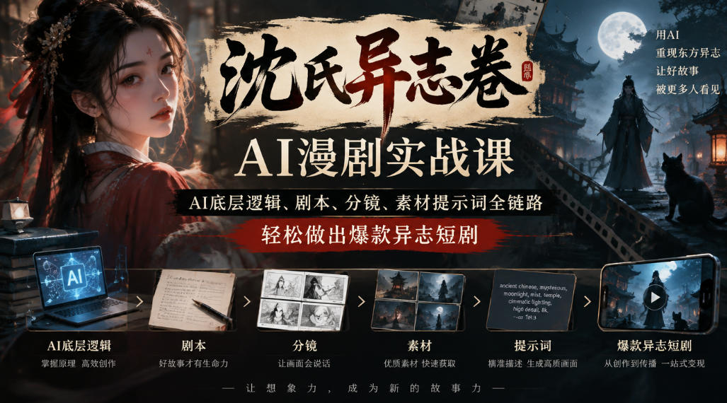 沈氏异志卷AI漫剧实战课｜AI底层逻辑、剧本、分镜、素材提示词全链路，轻松做出爆款异志短剧-我爱项目网