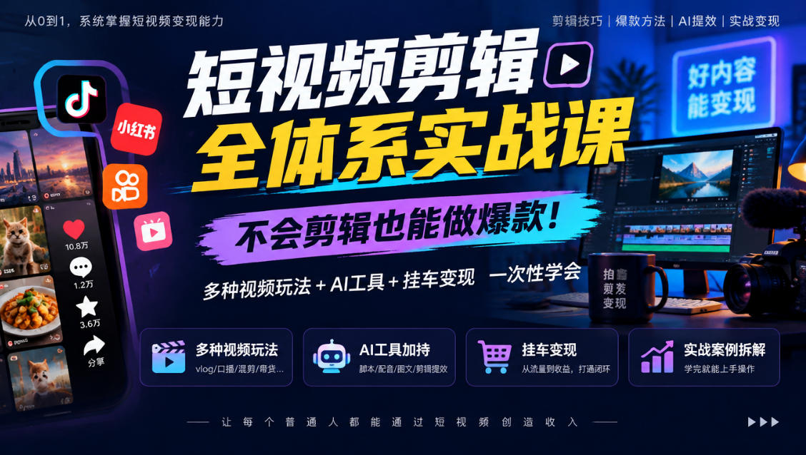短视频剪辑全体系实战课，不会剪辑也能做爆款，多种视频玩法+AI工具+挂车变现一次性学-我爱项目网