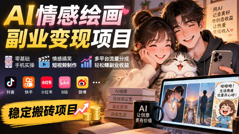 AI情感绘画副业变现项目｜零基础手机实操，情感搞笑短视频制作，多平台流量分成轻松賺副业收益-我爱项目网