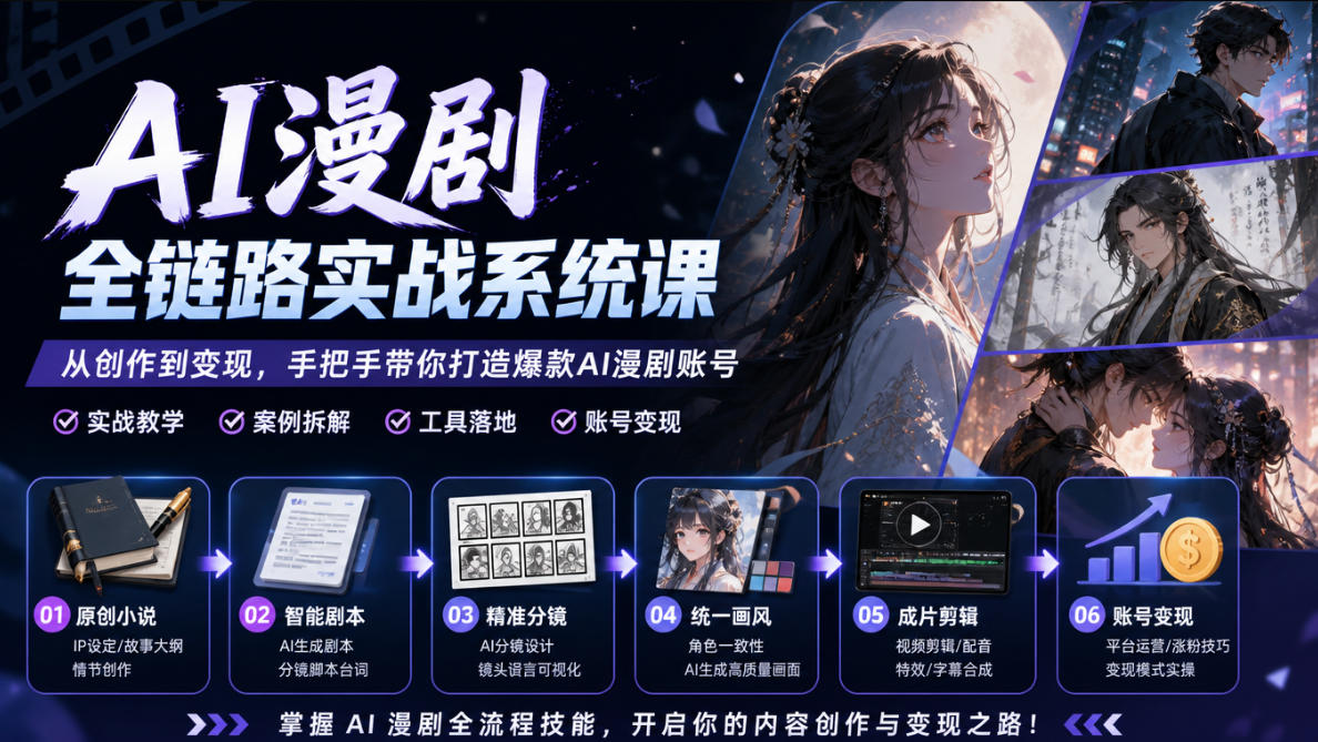 AI漫剧全链路实战系统课｜原创小说、智能剧本、精准分镜、统一画风、成片剪辑、账号变现实操教学-我爱项目网