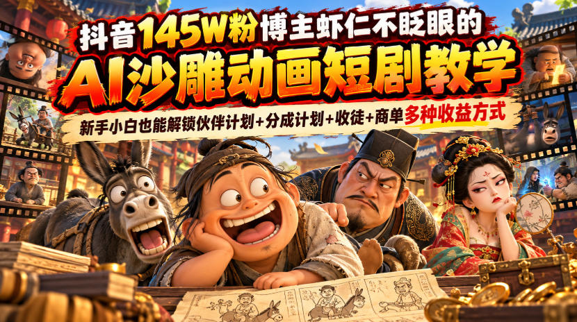 抖音145W粉博主虾仁不眨眼的AI沙雕动画短剧教学，新手小白也能解锁伙伴计划+分成计划+收徒+商单多种收益方式-我爱项目网