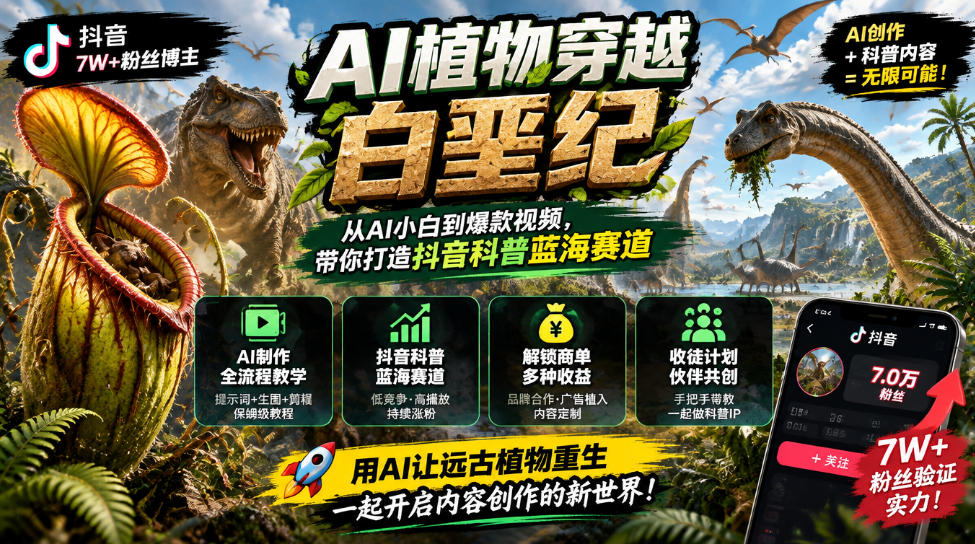 抖音7W粉丝博主的AI植物穿越白垩纪教学，抖音科普蓝海赛道，解锁商单收徒伙伴计划等多种收益-我爱项目网