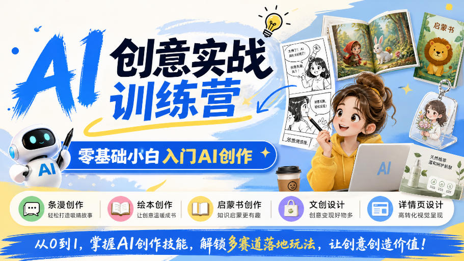 AI创意实战训练营，零基础小白入门AI创作，解锁条漫、绘本、启蒙书、文创、详情页多赛道落地玩法-我爱项目网