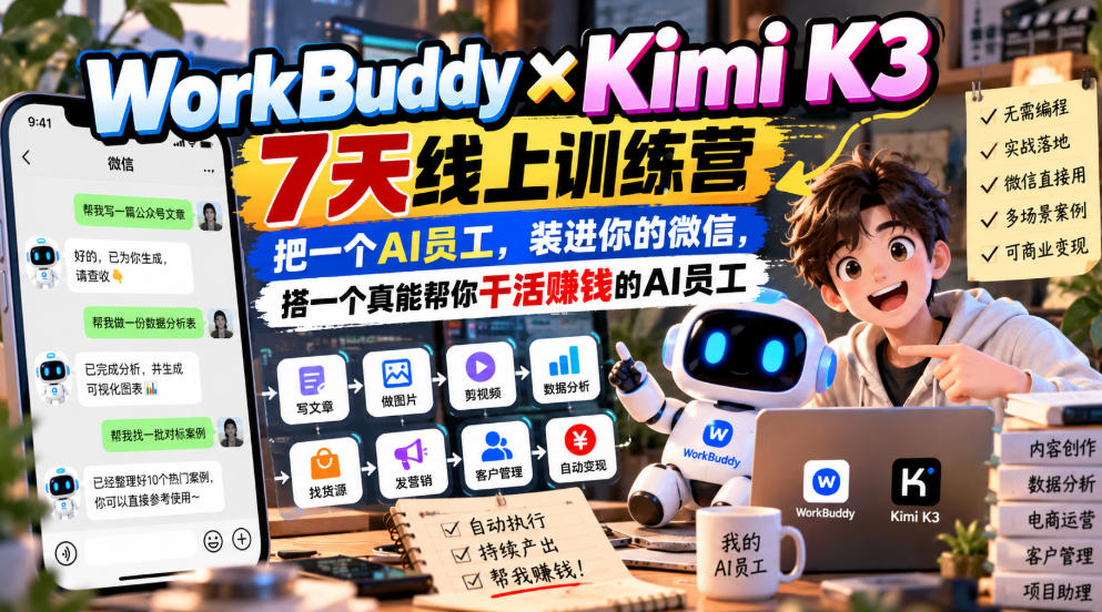 WorkBuddy×Kimi K3 7天线上训练营，把一个AI员工，装进你的微信，搭一个真能帮你干活賺钱的AI员工-我爱项目网