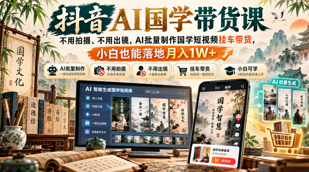 抖音AI国学带货课，不用拍摄、不用出镜，AI批量制作国学短视频挂车带货，小白也能落地月入1W+-我爱项目网