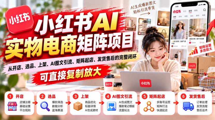 小红书AI实物电商矩阵项目，从开店、选品、上架、AI图文引流、矩阵起店、发货售后的完整闭环，可直接复制放大-我爱项目网