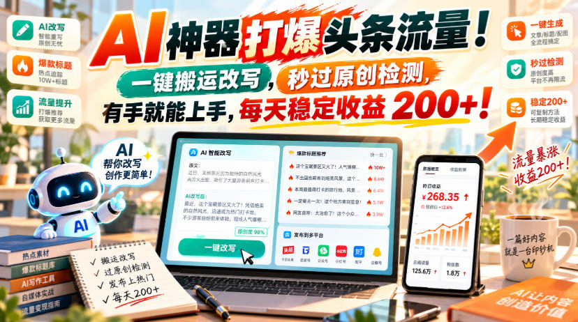 AI神器打爆头条流量，一键搬运改写，秒过原创检测，有手就能上手，每天稳定收益200+！【揭秘】-我爱项目网