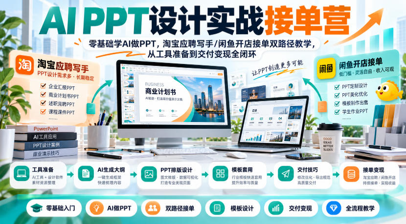 AI PPT设计实战接单营｜零基础学AI做PPT，淘宝应聘写手/闲鱼开店接单双路径教学，从工具准备到交付变现全闭环-我爱项目网