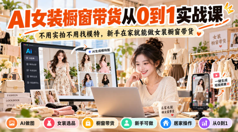 AI女装橱窗带货从0到1实战课，不用实拍不用找模特，新手在家就能做女装橱窗带货-我爱项目网