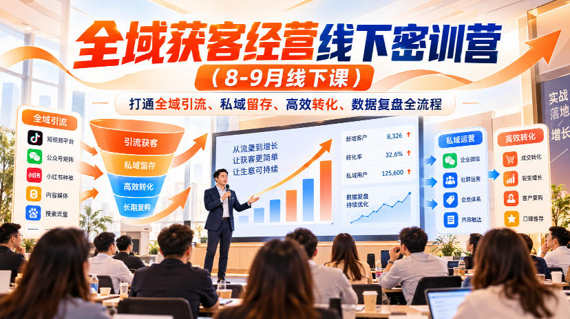 全域获客经营线下密训营(8-9月线下课),打通全域引流、私域留存、高效转化、数据复盘全流程-我爱项目网