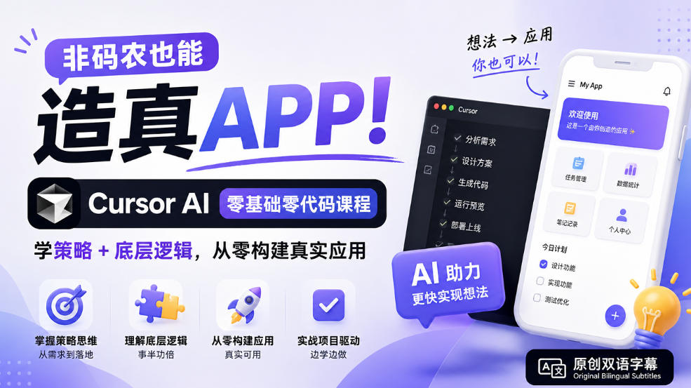 非码农也能造真APP！Cursor AI零基础零代码课程：学策略+底层逻辑，从零构建真实应用【原创双语字幕】-我爱项目网