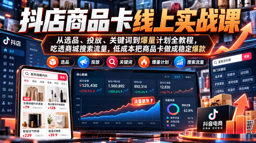 抖店商品卡线上实战课｜从选品、投放、关键词到爆量计划全教程，吃透商城搜索流量，低成本把商品卡做成稳定爆款-我爱项目网