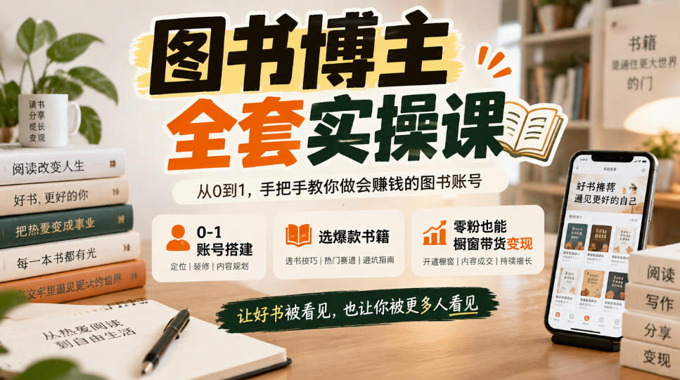 图书博主全套实操课，0‑1账号搭建，选爆款书籍，零粉也能橱窗带货变现-我爱项目网