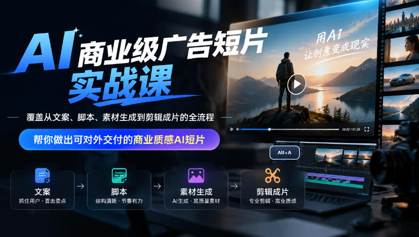 AI商业级广告短片实战课，覆盖从文案、脚本、素材生成到剪辑成片的全流程，帮你做出可对外交付的商业质感AI短片-我爱项目网