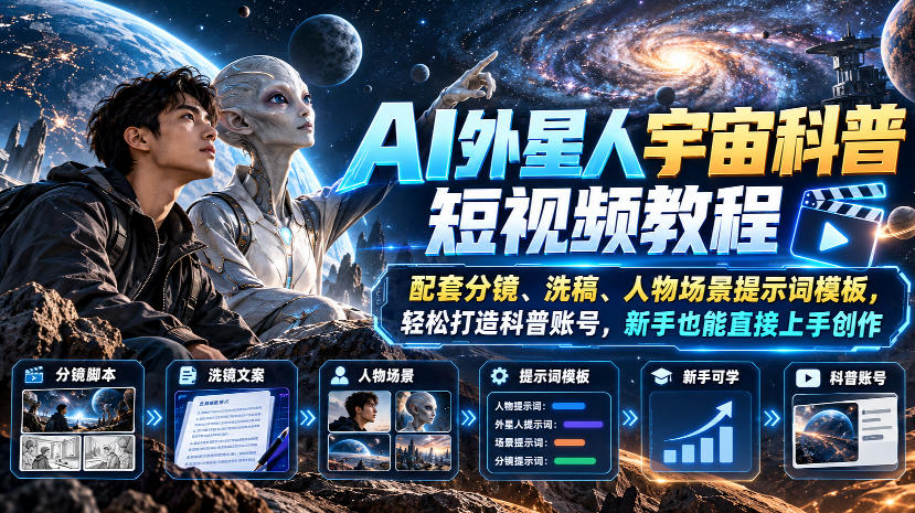 AI外星人宇宙科普短视频教程，配套分镜、洗稿、人物场景提示词模板，轻松打造科普账号，新手也能直接上手创作-我爱项目网