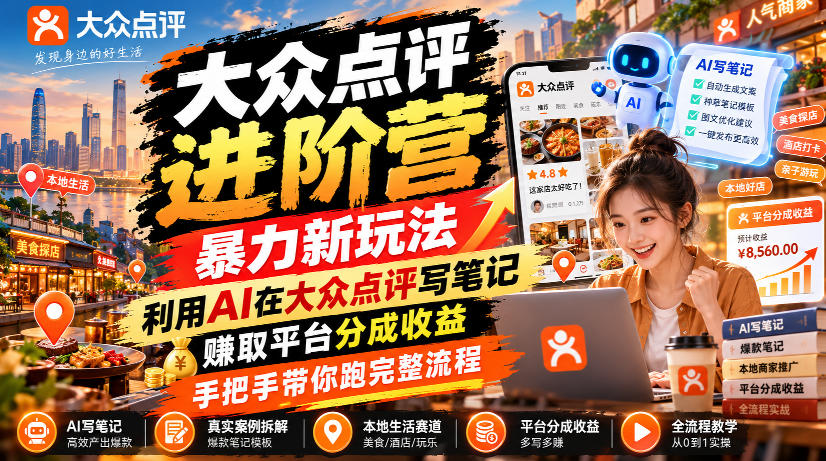 大众点评进阶营，暴力新玩法，利用AI在大众点评写笔记， 賺取平台分成收益，手把手带你跑完整流程-我爱项目网