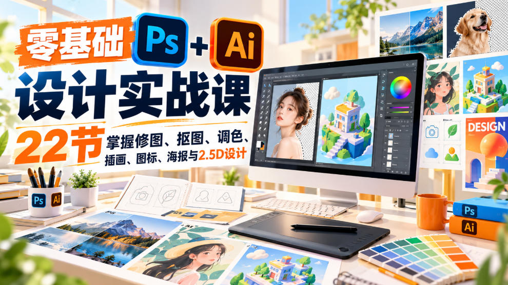 【无水印】零基础PS+AI设计实战课｜22节掌握修图、抠图、调色、插画、图标、海报与2.5D设计-我爱项目网